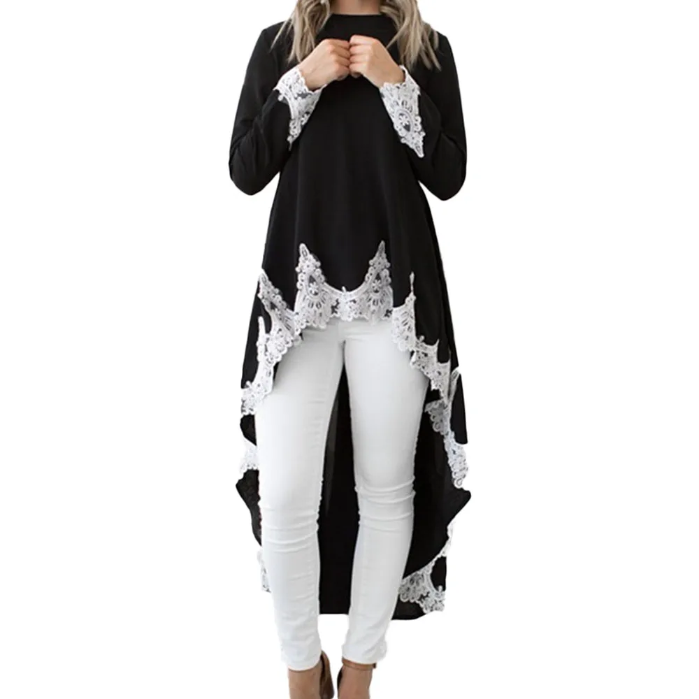 

Spring Winter Dress Women's Long-sleeved Casual O-neck Pullover Irregular Hem Solid Color Lace Dres Blouses Dress Clothing#G