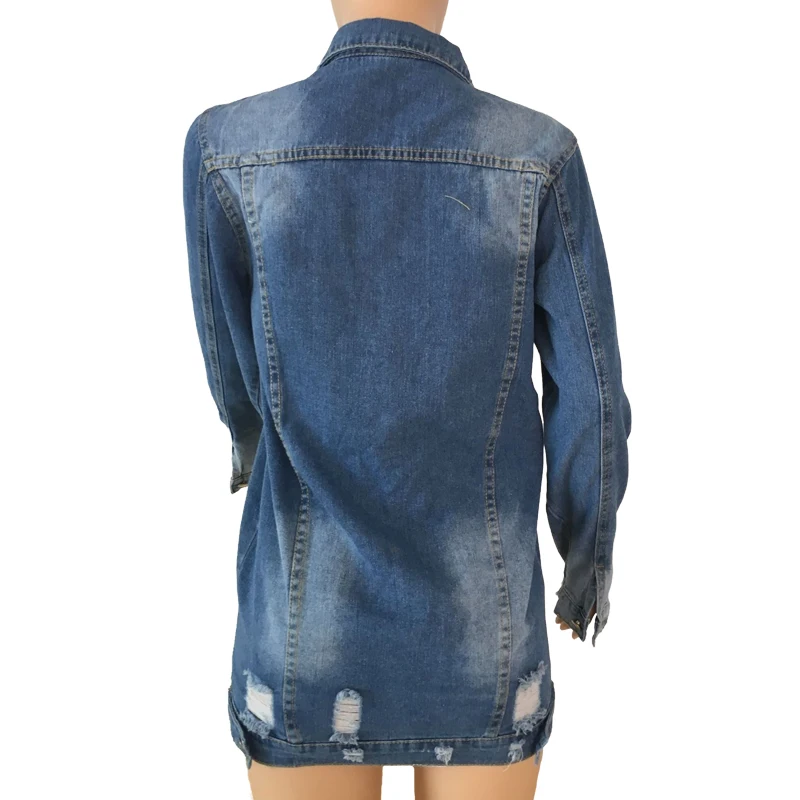 Осенняя мода, женская джинсовая куртка с дырками, длинный рукав, стрейч, рваные, Джинсовая Верхняя одежда, повседневная, свободная, размера плюс, джинсовая Базовая куртка