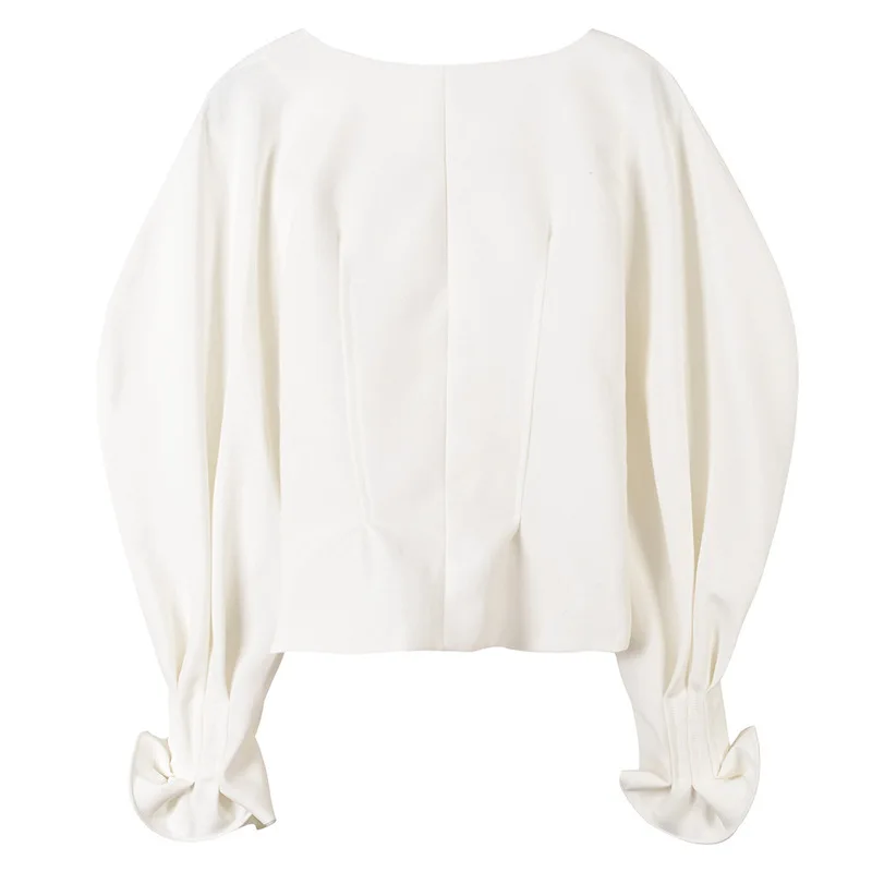 Европейская подиумная Блуза женская сексуальная с v-образным вырезом Фонарь длинный рукав белая блузка Blusas Mujer однобортная офисная рубашка топы размера плюс