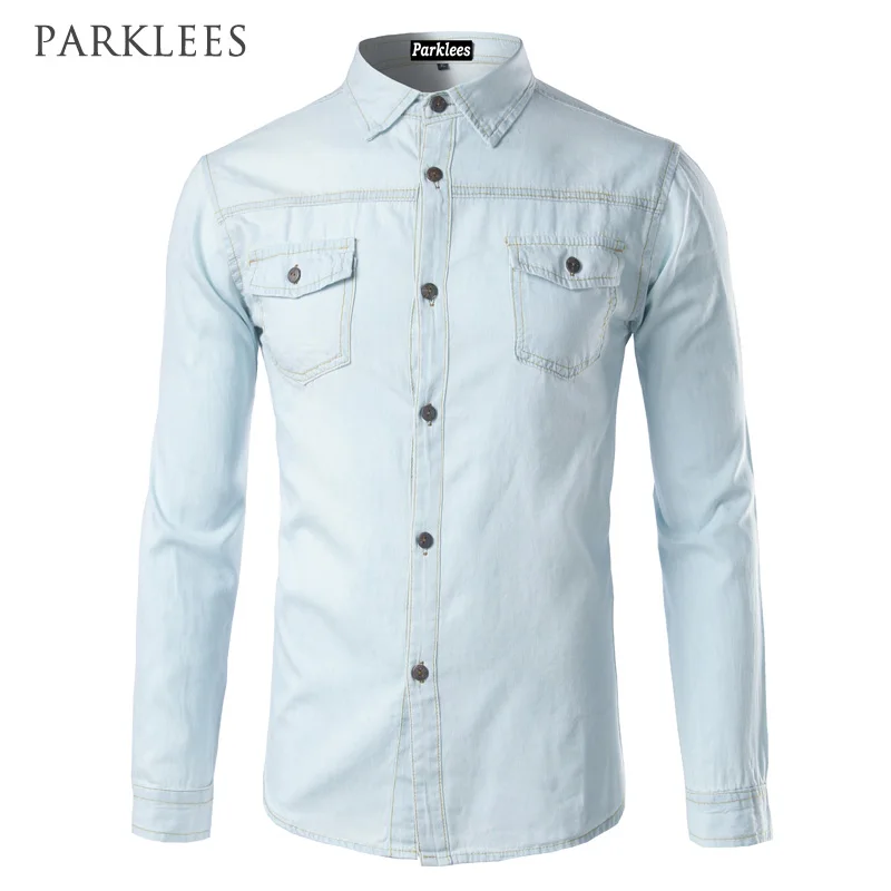Белая джинсовая рубашка для мужчин, фирменный дизайн, мужские рубашки с длинным рукавом, повседневная приталенная Хлопковая сорочка, Homme Camisa, джинсовая рубашка с карманами - Цвет: Light Blue
