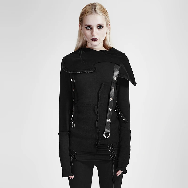 

Punk Street Decadent Thread Stitching More Layers Knitted Sweater With Hood Goth Dark Ninja Cardigans Women Black Sweater Tops