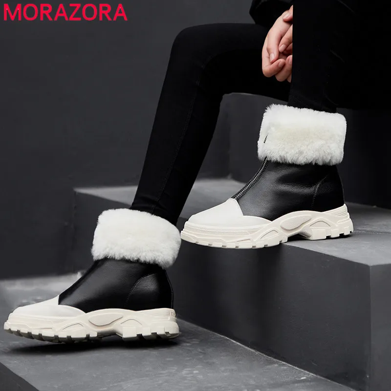 

MORAZORA 2019 new fashion snow boots genuine leather ankle boots for women zipper platform shoes thick fur winter boots female