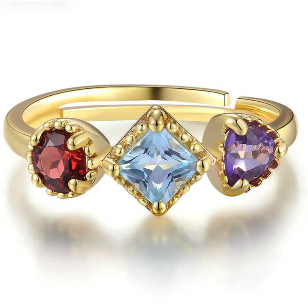 

S925 Pure Silver Coloured Jewelry Natural Topaz Amethyst Garnet Coloured Open Ring Luxurious Design of Women's Jewelry