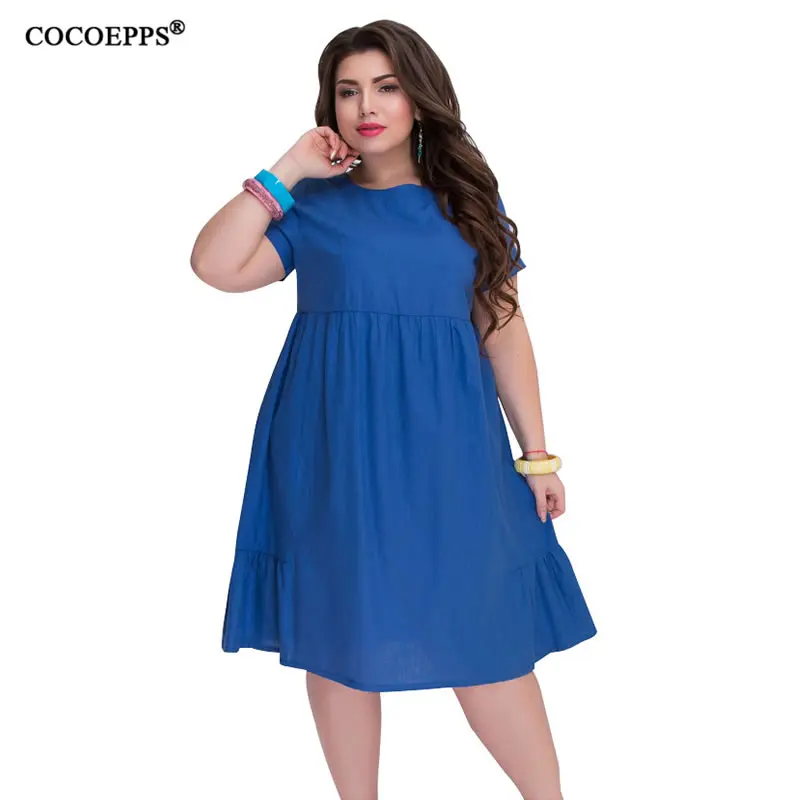 

COCOEPPS 5XL 6XL 2019 New Arrival Big Size Summer Women Dresses Casual Loose Solid Office Dress Plus size Femme Vestidos Blue