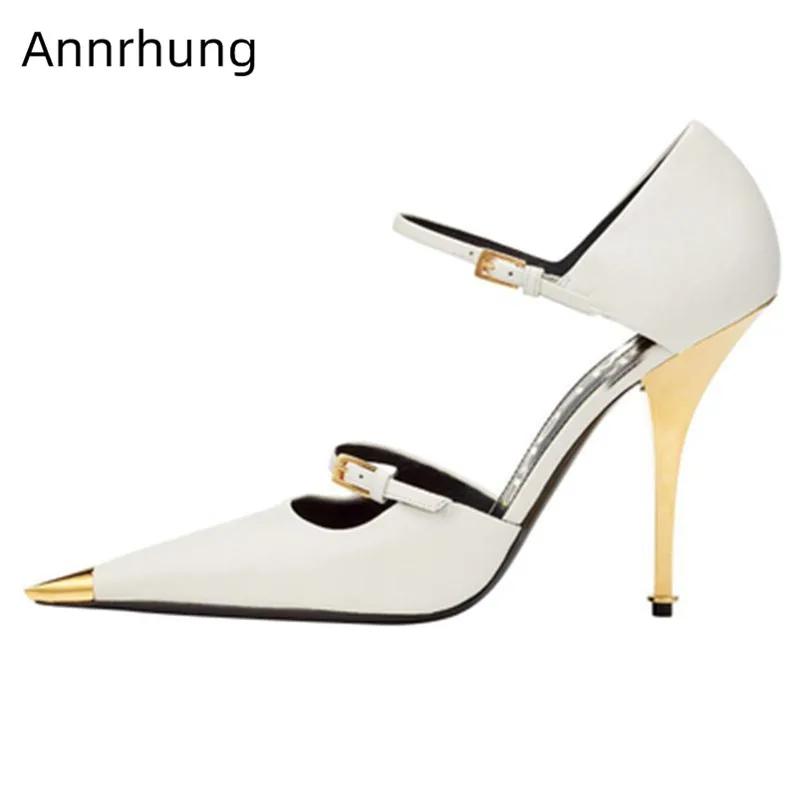 

Metal Pointed Toe Thin Heel Pumps Women Sexy Buckle Strap Shoes Cut Out Shallow Shoes Satin High Heels Zapatos De Mujer