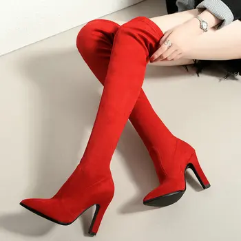 

Black Gray Wine Red Block Heel Thigh Boots Women Sexy Pointed Toe Stretch Boors Ladies High Heel Over the Knee Boots Winter