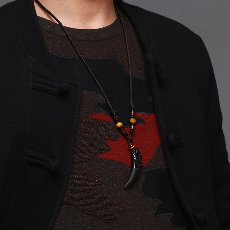 Natural Stone Black And Ice Obsidian Pendant Necklace Wolf Tooth Amulets And Talismans Couple Necklace For Women And Men