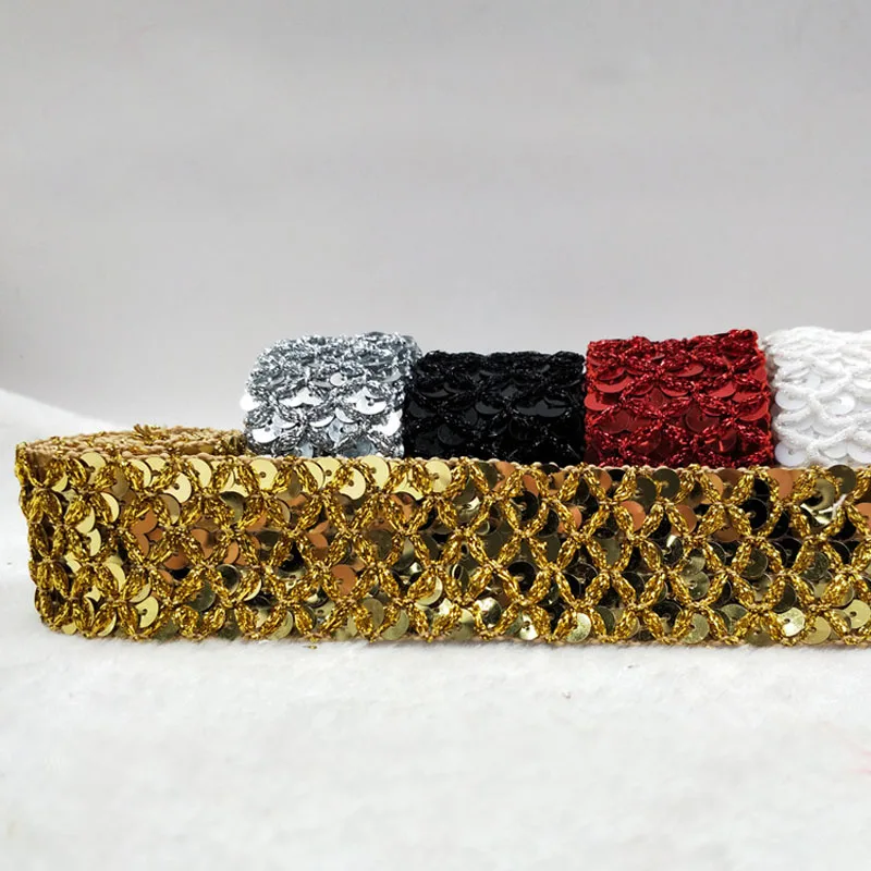 

25yards 3.4cm Embellished Applique Sequins Belts Lace Trim Ribbon Sequin Fabric Diy Headband Trimmings Accessories