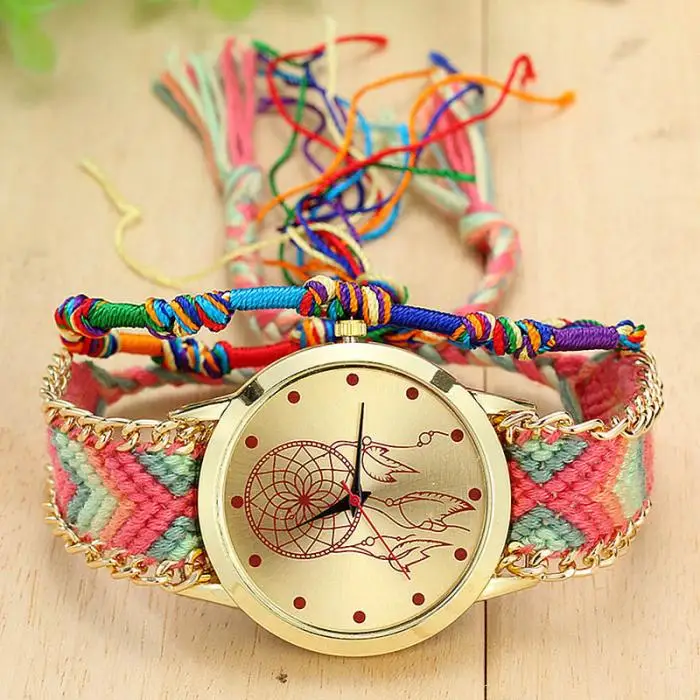 Винтажные женские этнические плетеные кварцевые часы ручной работы, вязаные наручные часы Ловец снов, подарки LL@ 17