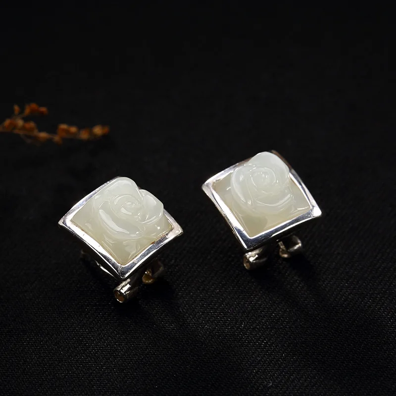 

New Fashion Silver S925 Sterling Silver Antique Inlaid Jade White Jade Rose Lady High-end Earrings Wholesale
