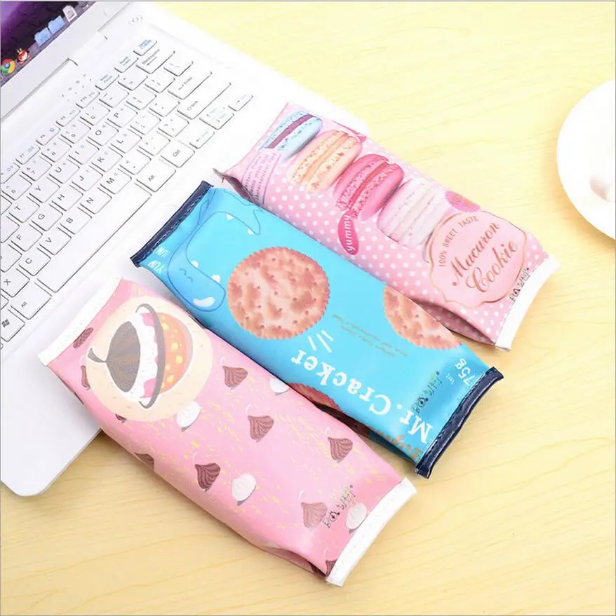 

1 PCS Kawaii Macaron School Pencil case for girls Biscuit PU leather pencil Bag kids gift estojo office school supplies Escolar