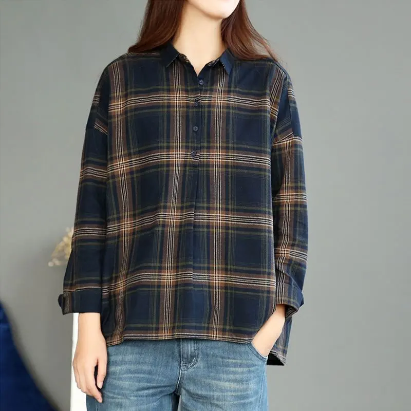  Spring Women Long Sleeve Plaid Shirt Korea Fashion Loose Turn-down Collar Shirts All-match Casual C