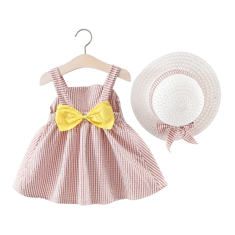 Г., платье для маленьких девочек со шляпой, хлопковое платье в клетку с большим бантом для малышей Летняя одежда трапециевидной формы для маленьких девочек Детские платья принцессы для девочек - Цвет: Pink plaid