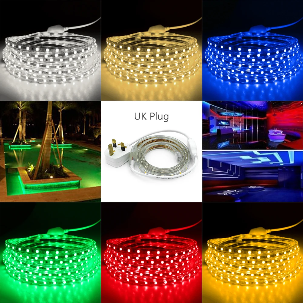 

SMD 5050 Led Strip Light IP67 Bendable With UK Power Plug Adapter 60Led/M IP67 Waterproof 1m 10m 50m 6-Colors Rolls 220V