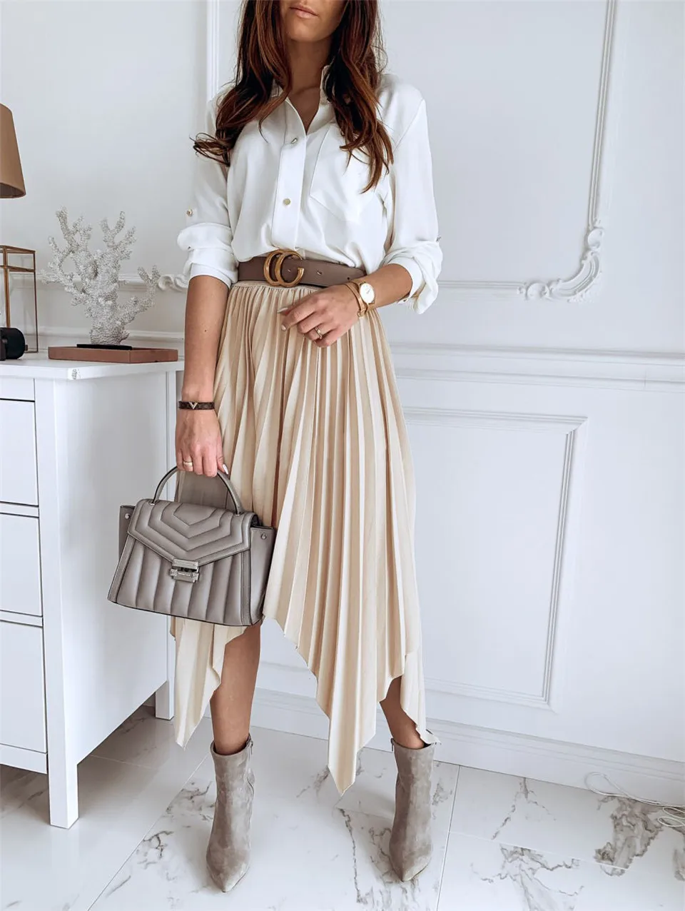Женская модная плиссированная юбка с эластичной резинкой на талии, однотонная Юбка До Колена, асимметричный дизайн, Офисная Женская юбка