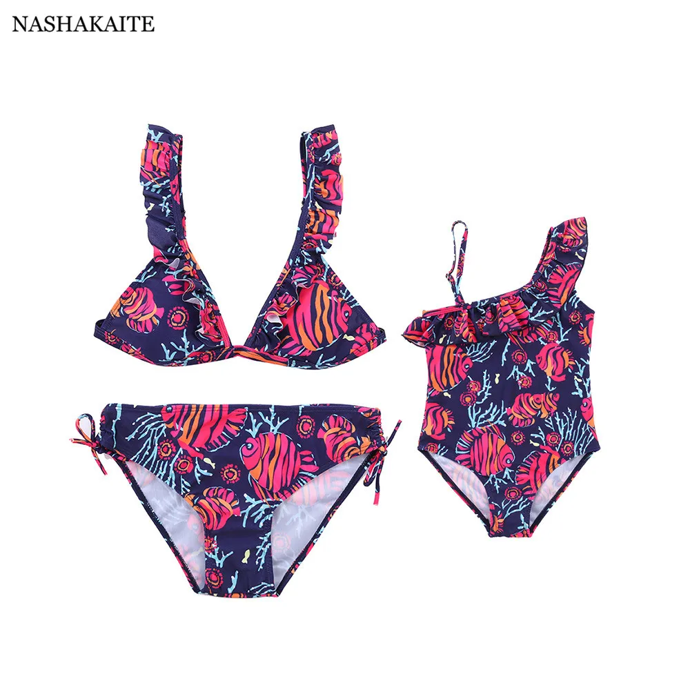 

NASHAKAITE Swimwear Mom Daughter Tropical Fish Print Ruffled Bikini mama e hija Summer Beach Baby Girls Mommy and me Swimsuit