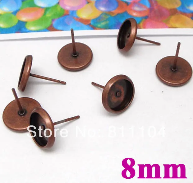 8mm Vintage Antique Copper Plated Blank Earrings Base Circle Bezel Tray Stud Pins post Settings Findings Wholesale | Украшения и