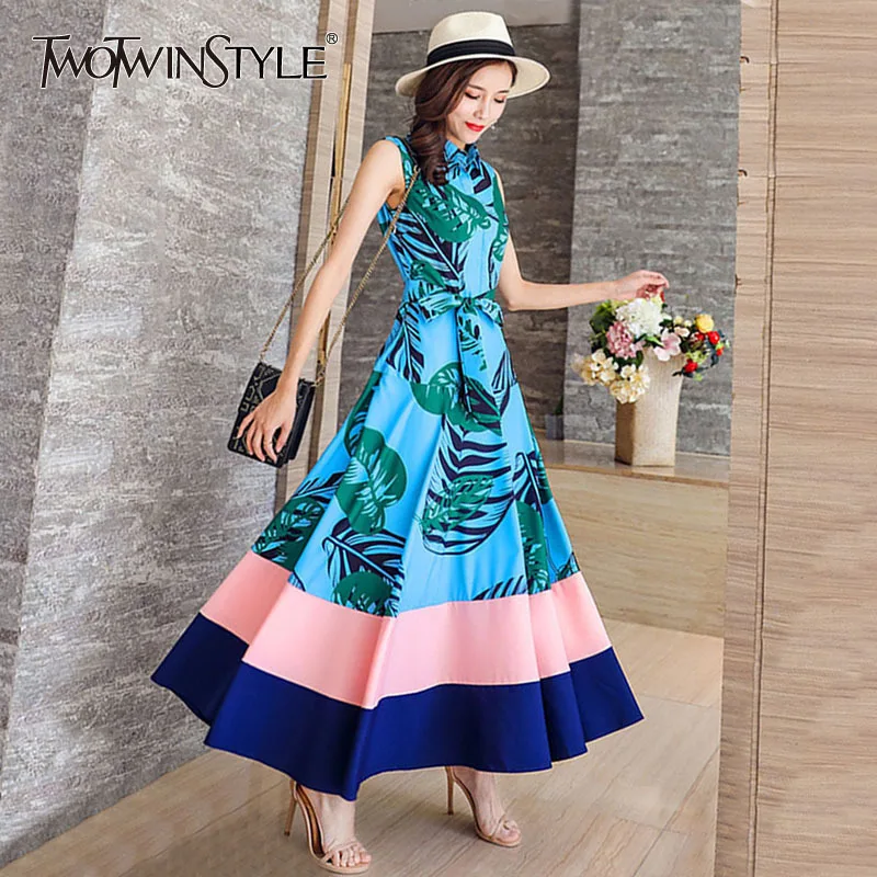 

TWOTWISNTYLE Printed Striped Midi Dresses Women Sleeveless Lace up Office Lady Shirt Dress Female Summer Casual Clothes 2019 New