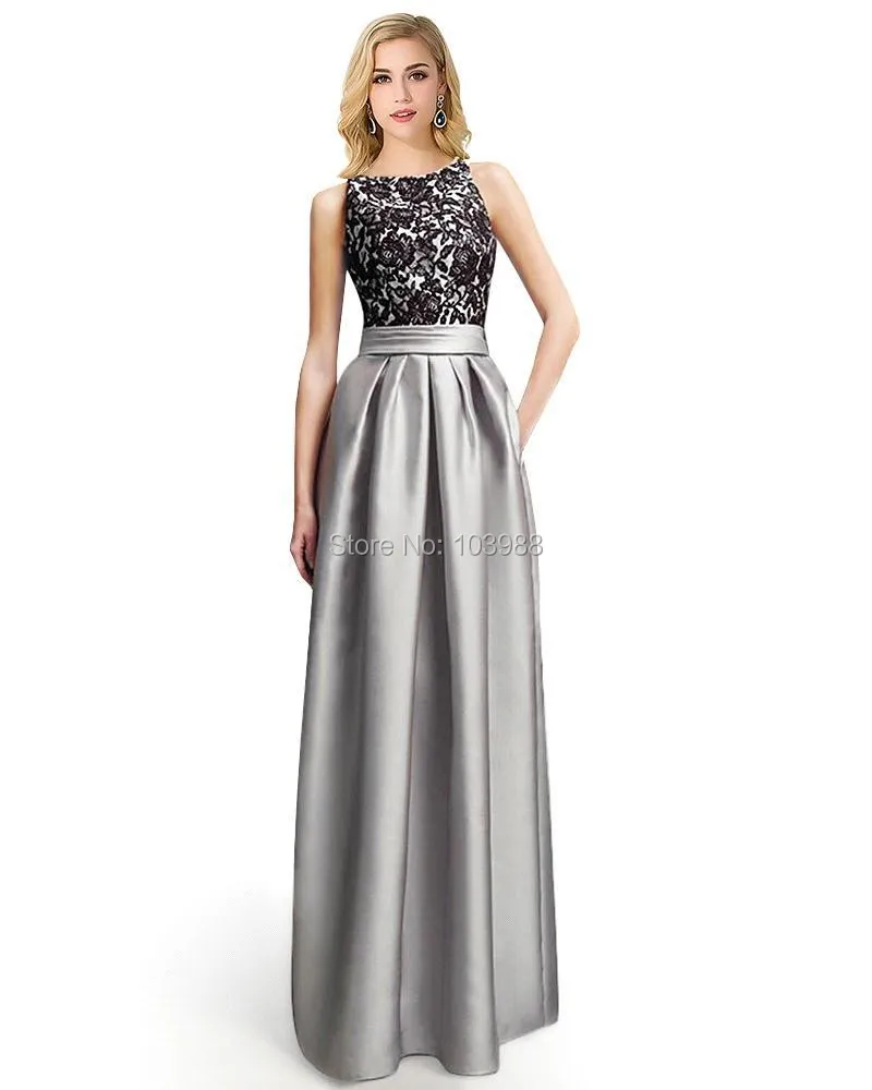 Robe De Soiree Longue Sexy Silver Top Black Lace Satin Formal Evening Dresses Long Prom Dresses 2016 Abendkleider
