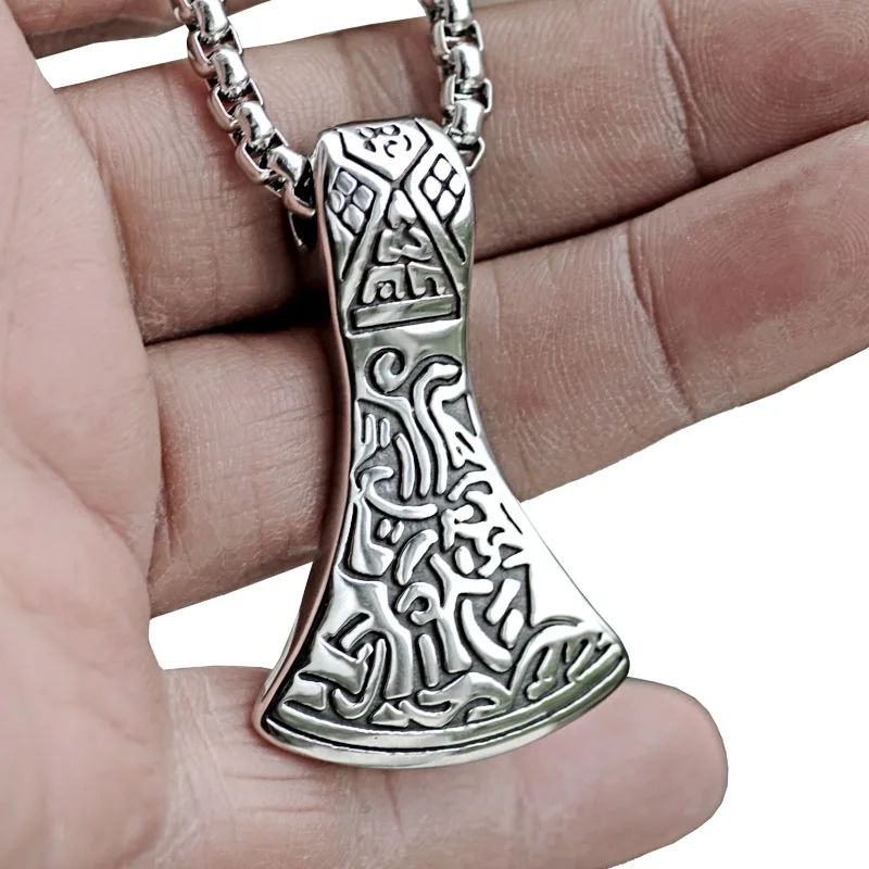 

Viking Celtic Knot Axe Pendant Scandinavian Biker Necklace Men Stainless Steel Chain Vintage Hip Hop Jewelry