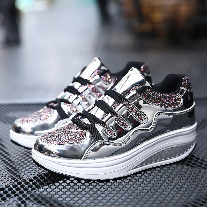 2019 Для женщин туфли на Покатой подошве Bling золотого серебряного цвета с блестками