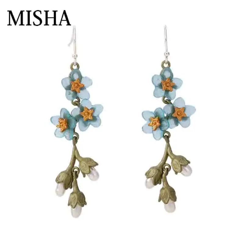 

MISHA New Retro Elegant art Not forgetting flowers Earrings simulation pearl Handmade Earrings Design Dangle Fine Jewelry 2572