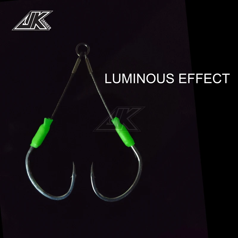 JK 5packs Sea Fishing Hook Steel Wire 7x7 Slow Jigging Size 1/0 2/0 3/0 4/0 5/0 Luminous Double Assist Hook Slow Pitch Tackle