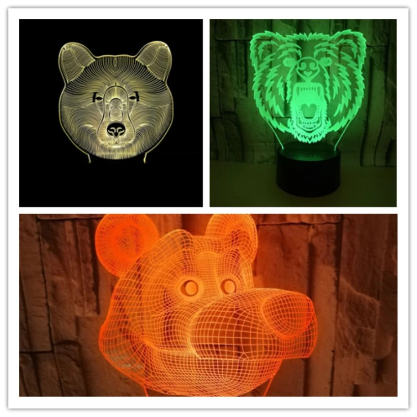 

2018 Novelty Bear Head 3D LED Night Light 7 Colors Lamp Brown Bear Head Light New Year Christmas Gift for Childrens