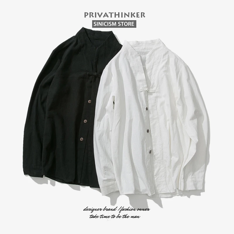 Sinicism магазин размера плюс хлопок льняные рубашки мужские рубашки с длинным рукавом Китайская традиционная одежда лягушка кнопка мужские рубашки осень