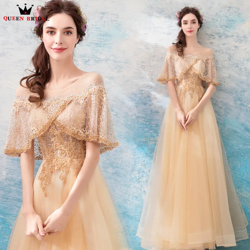 

A-lin Cape Lace Beading Pearls Formal Gold Luxury Long Evening Dresses 2018 New Party Dress Evening Gowns Robe De Soiree NT75
