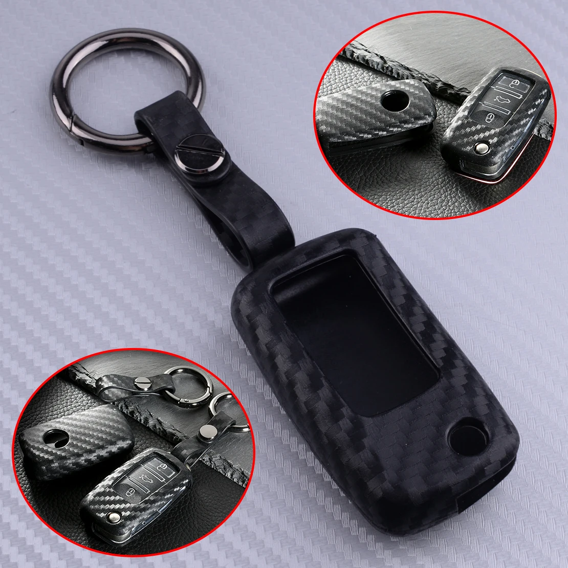 DWCX Carbon Fiber Silicone Smart Remote Key Fob Cover Shell with Key