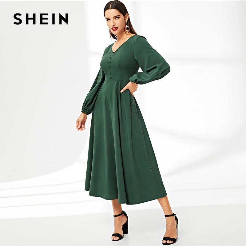 SHEIN abaya, зеленое платье с v-образным вырезом и пуговицами, рукав-фонарик, однотонное длинное платье трапециевидной формы с высокой талией,, винтажные осенние женские платья