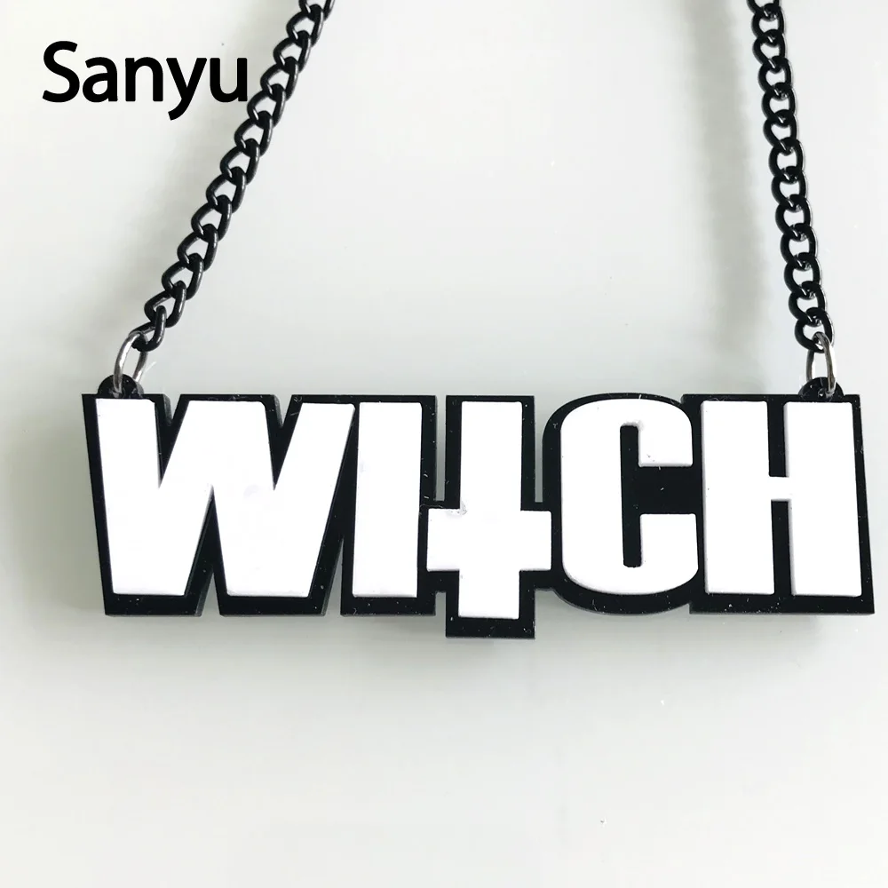 

New Fashion Cool Punk English Letter Witch White Acrylic Pendant Necklace Exaggerated Personalized Black Chain Pendant Necklace