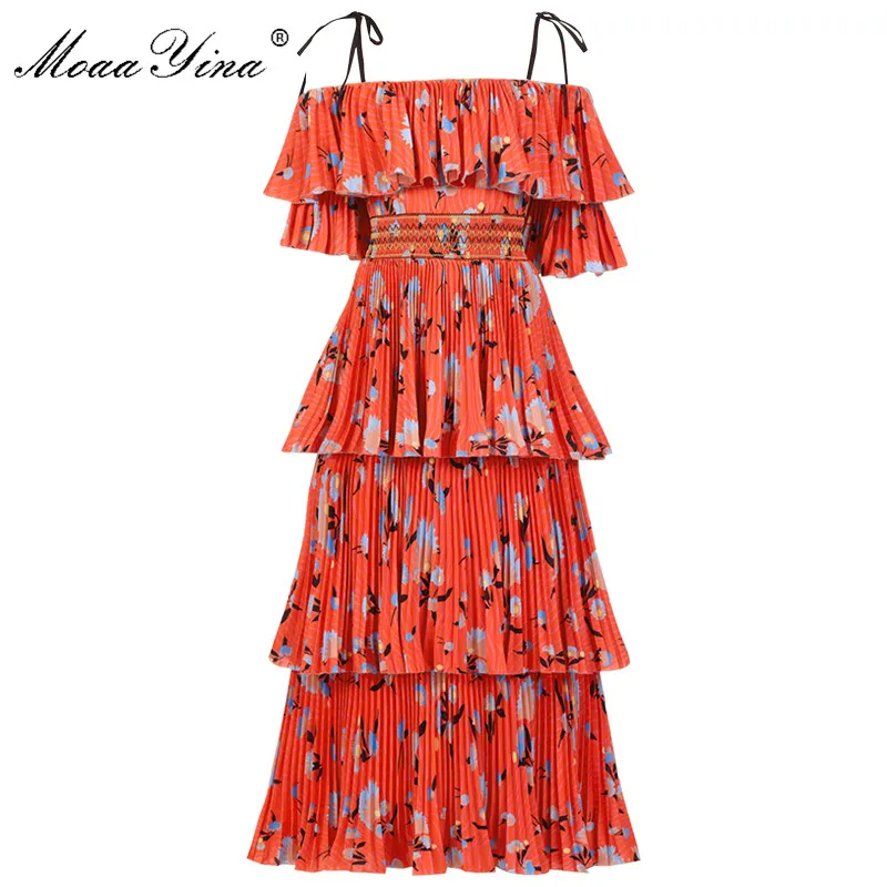 

MoaaYina Fashion Designer Runway dress Spring Summer Women Dress Floral-Print Cascading Ruffle Vacation Beach Dresses