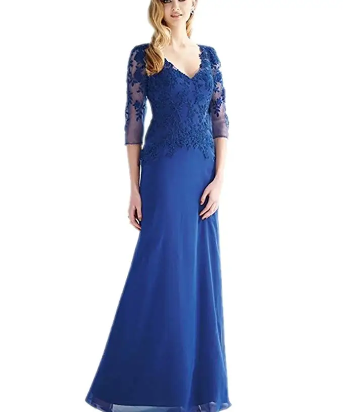 

Women's Chiffon With Lace Applique V Neck 3/4 Sleeves Mother Of The Bride Dress Long Vestidos Para La madre De La Novia