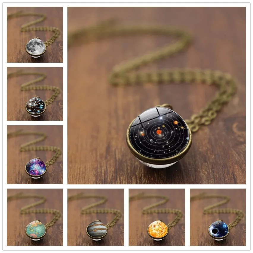 

2019 Nebula Galaxy Double Sided Pendant Necklace Time Gem Universe Necklace Planet Jewelry Glass Statement Necklace