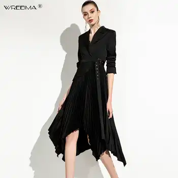 wreeima black Pleated Female Dresses For Women turn-down collar Long Sleeve Irregular Hem Knee-Length Dress Fashion Clothing