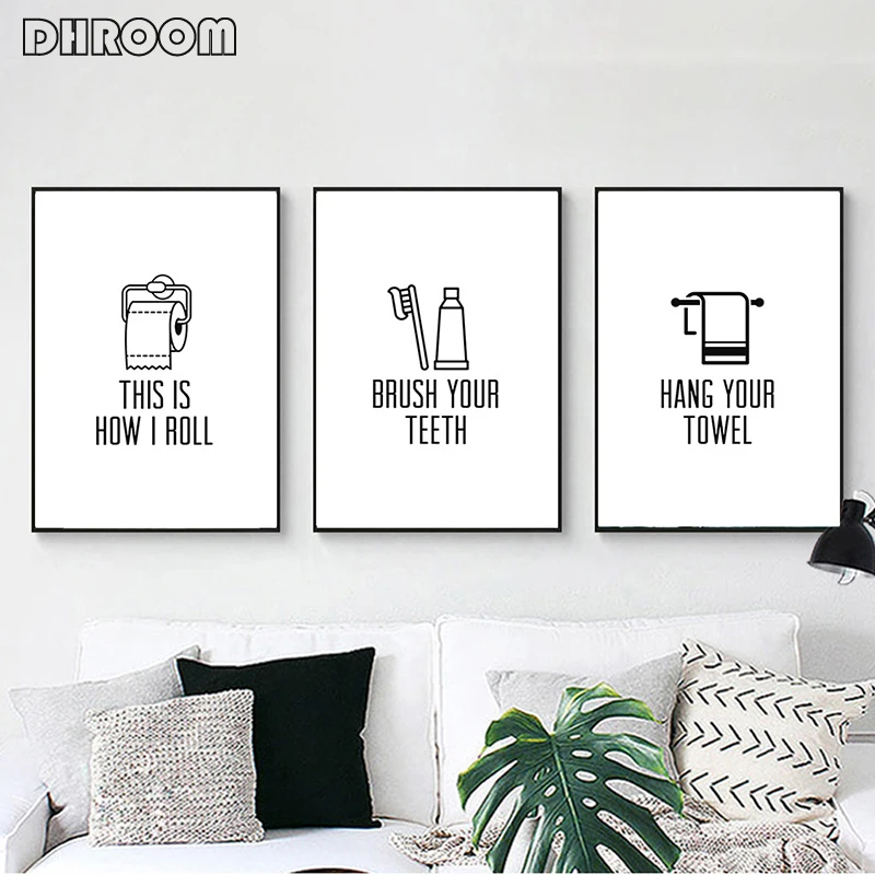 

Bathroom Wall Art Brush Your Teeth Sign Canvas Painting Black White Text Poster Print Decorative Pictures Kids Bathroom Art