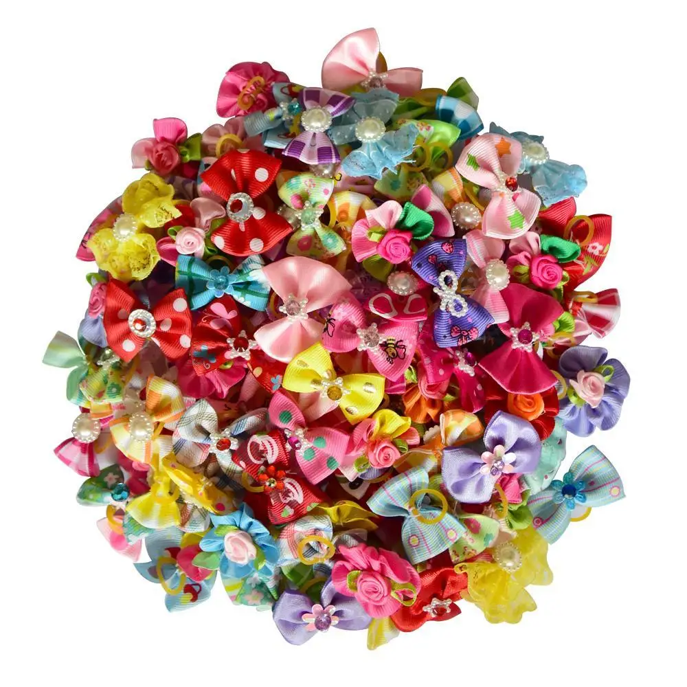 Pet Dog Bows Pet Hair Bows Rubber Bands with Diamond Dog Bow Grooming