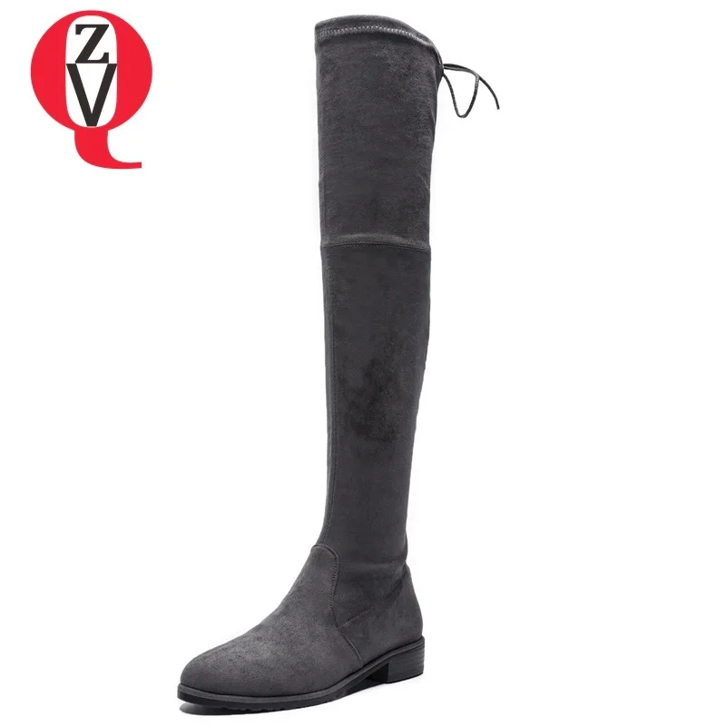 

ZVQ hot sale 2018 newest faux suede lace-up round toe low hoof heels three colors winter warm concise casual over the knee boots