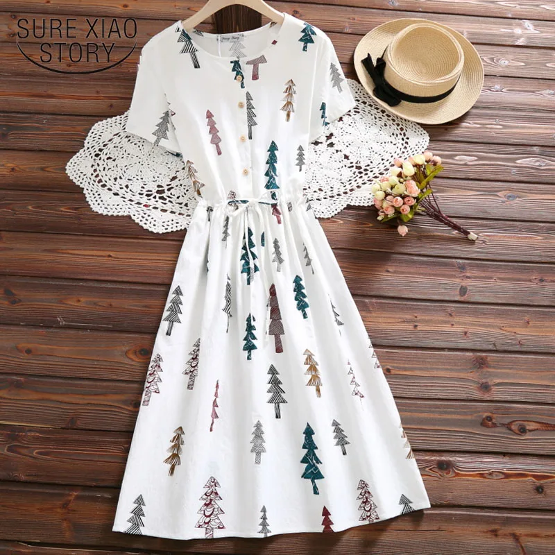 

Cotton Linen Summer vintage clothing Dress Women O-neck Tree Casual Printed Dress Short Sleeve Loose 2019 New fashion 4616 50