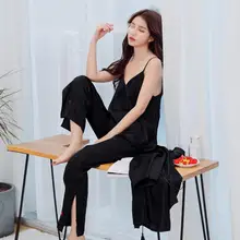 Пижамы Наборы для ухода за кожей комплект из 3 предметов сексуальные пижамы Для женщин сезон: весна–лето пижамный комплект Высокое качество шелковые пижамы для Для женщин