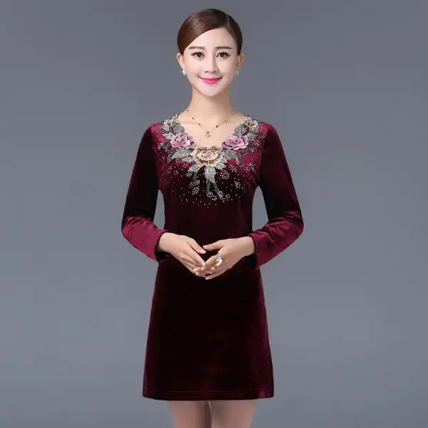 Ethnic 2020 Winter Female A-line Velvet Elegant Floral Retro Knee-length Middle Age Dresses Oversized Plus Size Women Dress JC42 | Женская