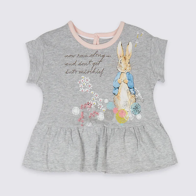 

Little Maven New Summer Kids Clothing Short O-neck Grey Rabbit Cartoon Hemline Knitted Tee Cotton 1-6yrs Girls Casual Tshirt