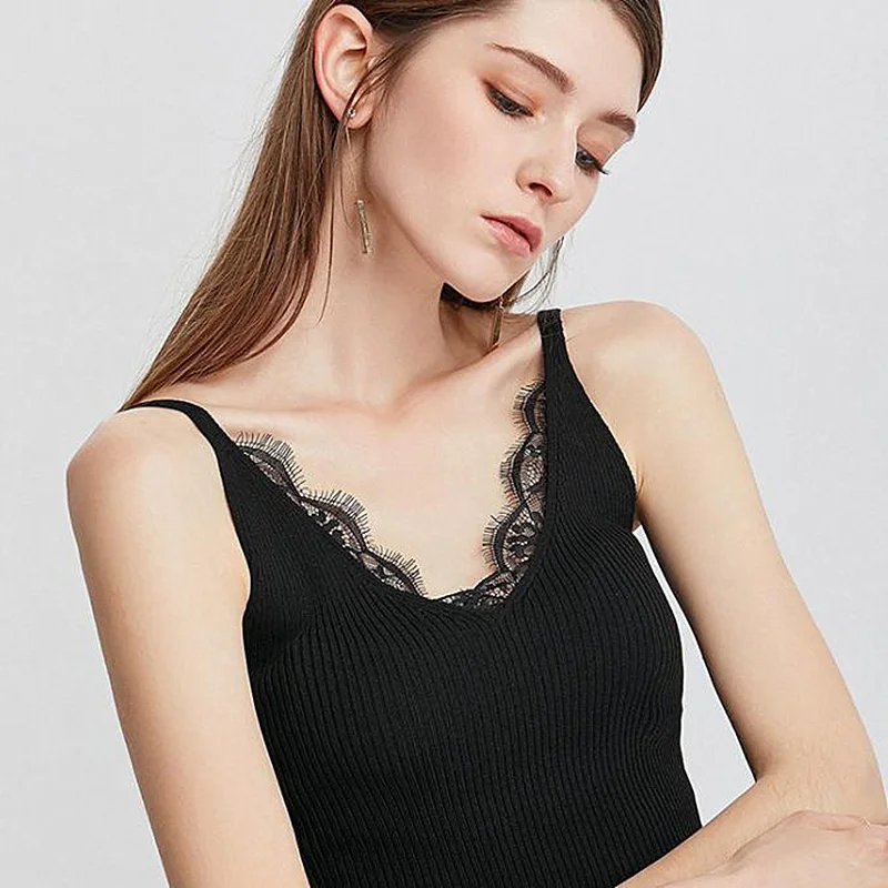 

2019 Sexy Camisole Women vest Summer Silk Knitted Slim Knitted V-neck Lace Vest sleeveless Backing Tight Elastic Female shirt