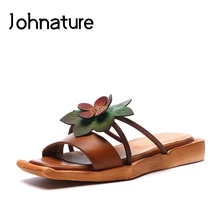 Johnature натуральная кожа цветочный Летние тапочки снаружи заклепки шлепанцы без задника с открытыми пальцами на плоской подошве; удобные женские повседневные сандалии, ремешок на щиколотке женская обувь