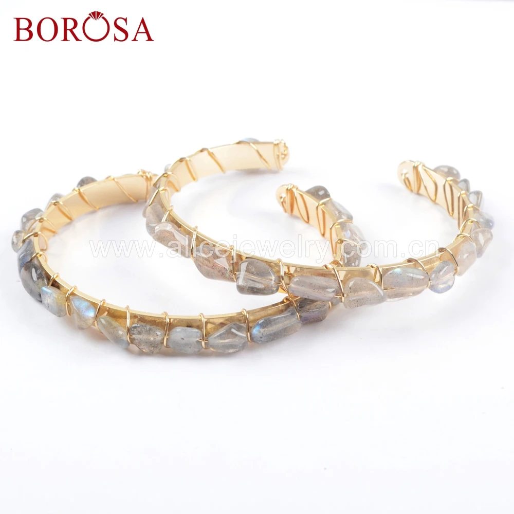 BOROSA 5/10PCS Fashion Natural Labradorite Beads Bangles Gold Color Wire Wrapped Gems Stone Bracelet for Wholesale WX1035 | Украшения и