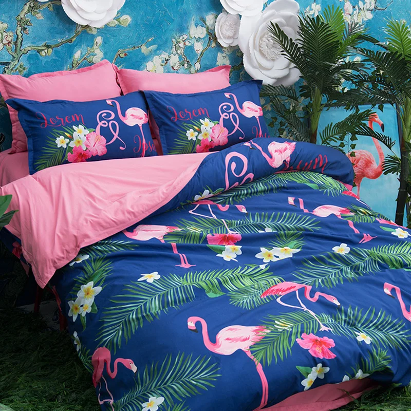 

Free shipping Holiday Xmas Gift Tropical Leaves Flower Flamingo Pattern Bedding Duvet Cover Set Pillow Case Sham EU US Size