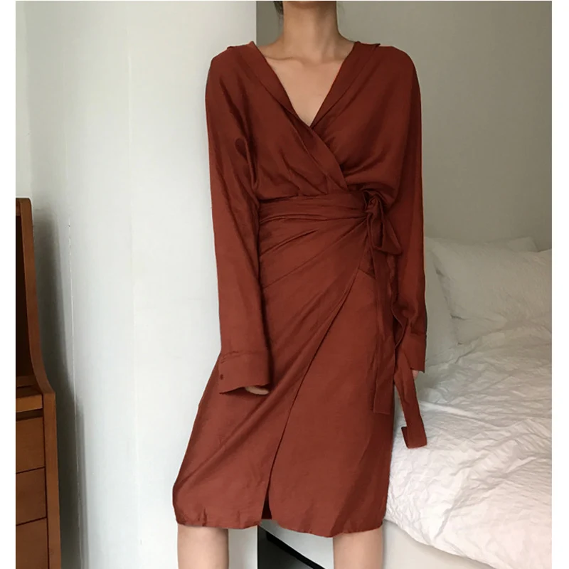 Vintage-wrap-shirt-dress-Women-v-neck-front-split-tie-waist-dress-2017-Autumn-summer-casual (4)