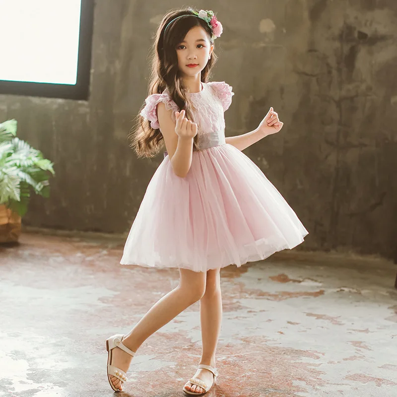 Одежда для девочек; детское платье; элегантное кружевное платье принцессы с сердечками и открытой спиной с пышными рукавами для девочек; костюм с поясом; От 4 до 10 лет